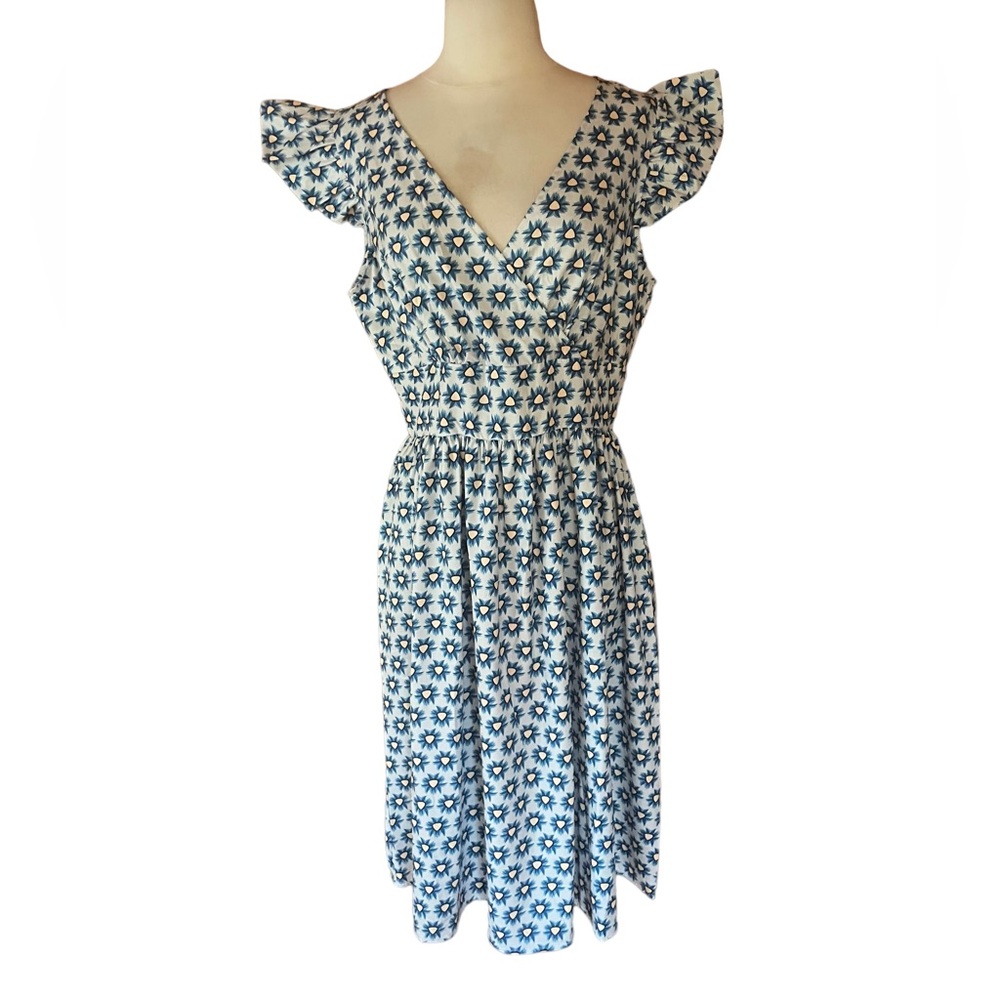 NWT Sucrefas Blue‎ Floral V-Neck Flutter-Sleeve Dress